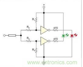 在雙門構(gòu)成的CMOS/TTL兼容探頭中，R1至R4電阻網(wǎng)絡(luò)對反相器輸入端做偏置
