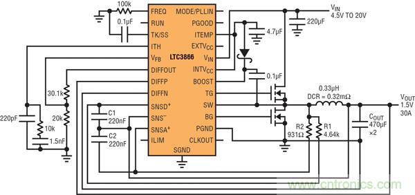 圖2：以非常低的DCR完成采樣的高效率、1.5V/30A降壓型轉(zhuǎn)換器