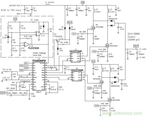 TPS40090 多相降壓控制器的 4 相、300W 升壓電源