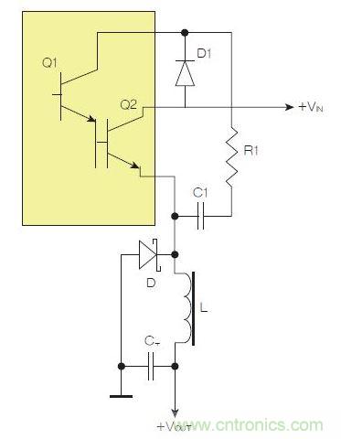 為了實現(xiàn)用兩個元器件提升電源轉(zhuǎn)換效率，芯片上應(yīng)有針對驅(qū)動器晶體管Q1集電極的單獨引腳。
