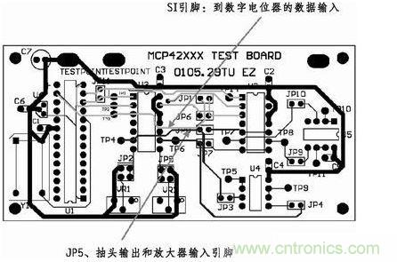 這是對圖2所示電路的第一次布線嘗試。此配置在模擬線路上產(chǎn)生不規(guī)律的噪聲，這是因為在特定數(shù)字走線上的數(shù)據(jù)輸入碼隨著數(shù)字電位器的編程需求而改變。