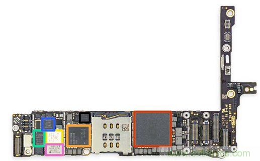 iPhone 6 Plus主板采用1GB RAM的蘋果A8 SoC作為核心部件。（來源：iFixit）