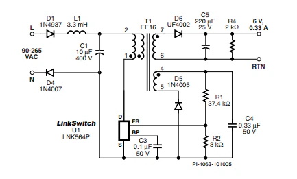 LinkSwitch-LP 系列旨在取代手機(jī)/無繩電話、PDA、數(shù)碼相機(jī)和便攜式音頻播放器等應(yīng)用中輸出功率 < 2.5 W 的低效線頻線性變壓器電源。LinkSwitch-LP 還可用作白色家電等應(yīng)用中的輔助電源。  LinkSwitch-LP 將高壓功率 MOSFET 開關(guān)與 ON/OFF 控制器集成在一個設(shè)備中。它完全由漏極引腳自供電，具有低 EMI 的抖動開關(guān)頻率，并且具有全面的故障保護(hù)。自動重啟可限制過載和輸出短路條件下的器件和電路耗散，而遲滯過溫保護(hù)會在熱故障期間禁用內(nèi)部 MOSFET。EcoSmart 技術(shù)使設(shè)計(jì)能夠輕松實(shí)現(xiàn) < 150 mW 的空載功耗，滿足能源效率要求。  LinkSwitch-LP 的設(shè)計(jì)目的是在輸出功率低于 2.5 W 時無需初級側(cè)鉗位電路，從而顯著減少組件數(shù)量和總系統(tǒng)成本。圖 1 顯示了基于 LinkSwitch-LP 的 2 W 電源，不帶初級側(cè)鉗位。LinkSwitch-LP 系列經(jīng)過優(yōu)化，當(dāng)變壓器上的輔助或偏置繞組提供反饋時，可提供近似的 CV/CC 輸出特性。這非常適合取代工頻變壓器的應(yīng)用，提供兼容的輸出特性，但過載、短路電流和輸入線電壓變化較小。  　  在無鉗位設(shè)計(jì)中使用 LinkSwitch-LP 的基本電路原理圖。  快速開始  　 LinkSwitch-LP 反激式設(shè)計(jì)流程圖